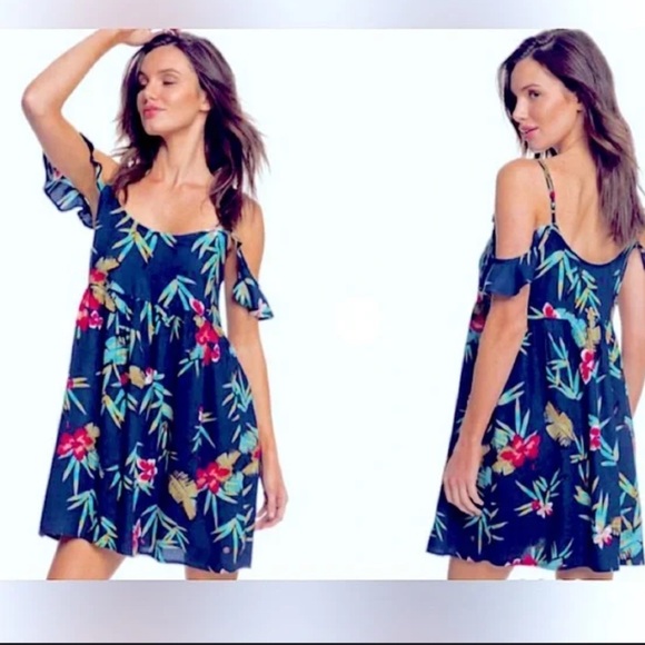 Roxy Cold Shoulder Ruffle Sleeve Floral Dress Sz M - Picture 1 of 10